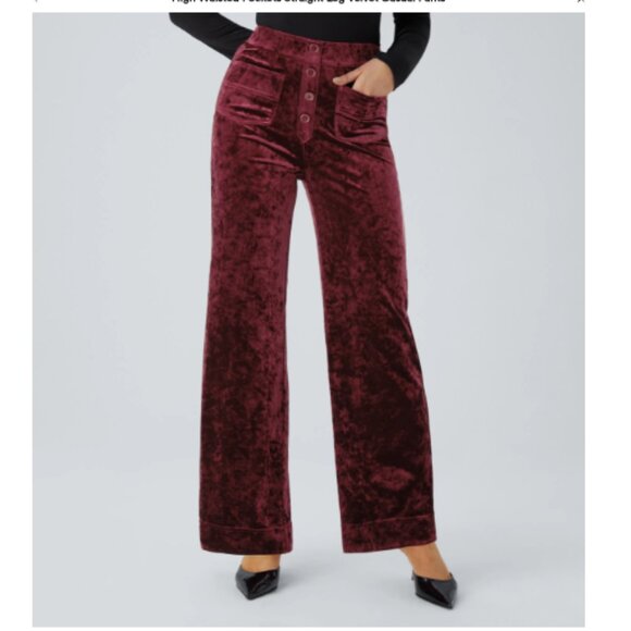 Halara High Waisted Pockets Straight Leg Velvet Casual Pants NWT XL Burgundy Red - Picture 1 of 9